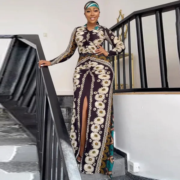 Print Lapel Neck Long Sleeve Slit Maxi Dress NY-2788