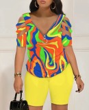 Plus Size Fashion Print Zipper Two Piece Shorts Set LS-0399