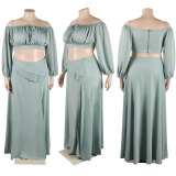 Sexy Wrap Chest Lantern Sleeve Two Piece Skirts Set NY-10518