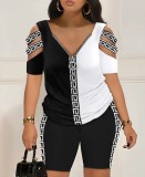 Plus Size Fashion Print Zipper Two Piece Shorts Set LS-0399