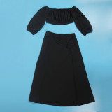 Sexy Wrap Chest Lantern Sleeve Two Piece Skirts Set NY-10518
