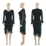 Mesh See Through Long Sleeve Irregular Ruffles Dress ME-8413
