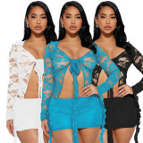Sexy Lace Tie Up See Through Two Piece Skirts Set ME-8415