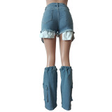 Denim Shorts Calf Sleeve Two Piece Set MEM-88503