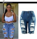 Plus Size Fashion Denim Holes Five Point Pant XCFF-8851