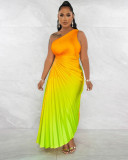 Gradient Print Slash Shoulder Hollow Out Maxi Dress GFDY-1259