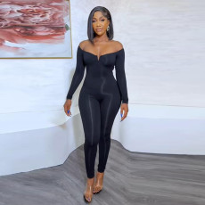 Plus Size Solid One Shoulder Long Sleeve Jumpsuit NY-2779