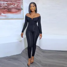 Plus Size Solid One Shoulder Long Sleeve Jumpsuit NY-2779
