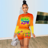 Plus Size Lips Print Gradient Sport Two Piece Shorts Set QXTF-0005