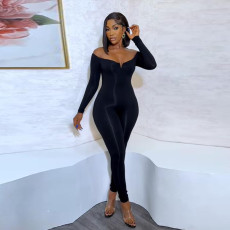 Plus Size Solid One Shoulder Long Sleeve Jumpsuit NY-2779
