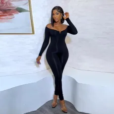 Plus Size Solid One Shoulder Long Sleeve Jumpsuit NY-2779