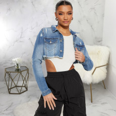Fashion Patchwork Holes Denim Short Coat HSF-2713