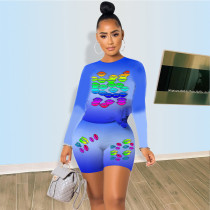 Plus Size Lips Print Gradient Sport Two Piece Shorts Set QXTF-0005