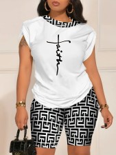 Letter Print Short Sleeve Shorts 2 Piece Set SH-390592