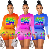 Plus Size Lips Print Gradient Sport Two Piece Shorts Set QXTF-0005
