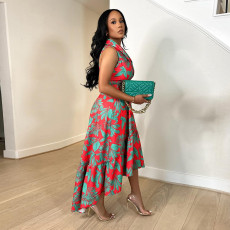 Fashion Print Sleeveless Ruffles Maxi Dress NY-2786