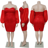 Plus Size Sexy Sequin Tube Tops Mesh Sleeve Evening Dress NNWF-7764