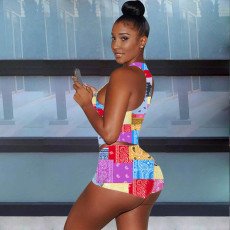 Casual Patchwork Print Tight Two Piece Shorts Set YIM-353