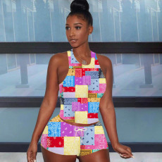 Casual Patchwork Print Tight Two Piece Shorts Set YIM-353
