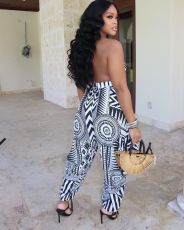 Plus Size Sexy Deep V Neck Print Backless Jumpsuit LSL-0013