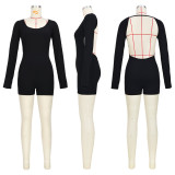 Sexy Solid Long Sleeve Backless Romper ASL-6687