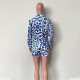 Casual Print Long Sleeve Shirt And Shorts Two Piece Set HMS-5577