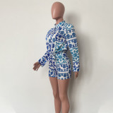 Casual Print Long Sleeve Shirt And Shorts Two Piece Set HMS-5577