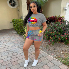 Plus Size Lips Tie Dye Print Short Sleeve Two Piece Set OM-1668