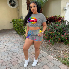 Plus Size Lips Tie Dye Print Short Sleeve Two Piece Set OM-1668