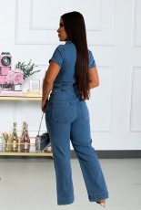 Fashion Denim Single Breasted Slim Jumpsuit LX-3350