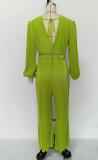 Solid Color V Neck Long Sleeve Pleated Jumpsuit MIL-L504