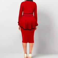 Long Sleeve Irregular Ruffle Tops And Slit Skirt 2 Piece Set XHSY-19587