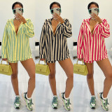 Stripe Long Sleeve Shirts Two Piece Shorts Set YNSF-2610