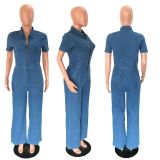 Fashion Denim Single Breasted Slim Jumpsuit LX-3350