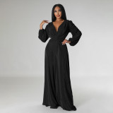 Solid Color V Neck Long Sleeve Pleated Jumpsuit MIL-L504