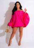 Solid Bat Long Sleeve One Shoulder Lantern DressXMY-X9445