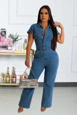 Fashion Denim Single Breasted Slim Jumpsuit LX-3350