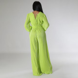 Solid Color V Neck Long Sleeve Pleated Jumpsuit MIL-L504
