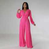 Solid Color V Neck Long Sleeve Pleated Jumpsuit MIL-L504