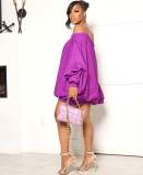 Solid Bat Long Sleeve One Shoulder Lantern DressXMY-X9445
