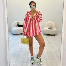 Stripe Long Sleeve Shirts Two Piece Shorts Set YNSF-2610