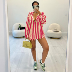 Stripe Long Sleeve Shirts Two Piece Shorts Set YNSF-2610