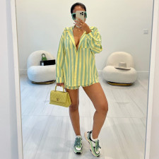 Stripe Long Sleeve Shirts Two Piece Shorts Set YNSF-2610