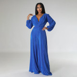 Solid Color V Neck Long Sleeve Pleated Jumpsuit MIL-L504