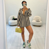 Stripe Long Sleeve Shirts Two Piece Shorts Set YNSF-2610