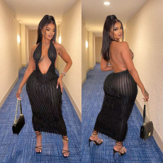Solid Hollowe Out Wave Pattern Sexy Long Dress BY-6605