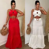 Solid Shaped Suspenders Top And Large Skirt 2 Piece Set(With Waist Belt) NY-10535