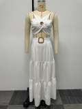 Solid Shaped Suspenders Top And Large Skirt 2 Piece Set(With Waist Belt) NY-10535
