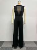 Plus Size Mesh Patchwork Backless Slit Jumpsuit NY-2777