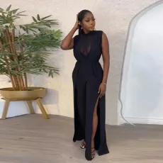Plus Size Mesh Patchwork Backless Slit Jumpsuit NY-2777